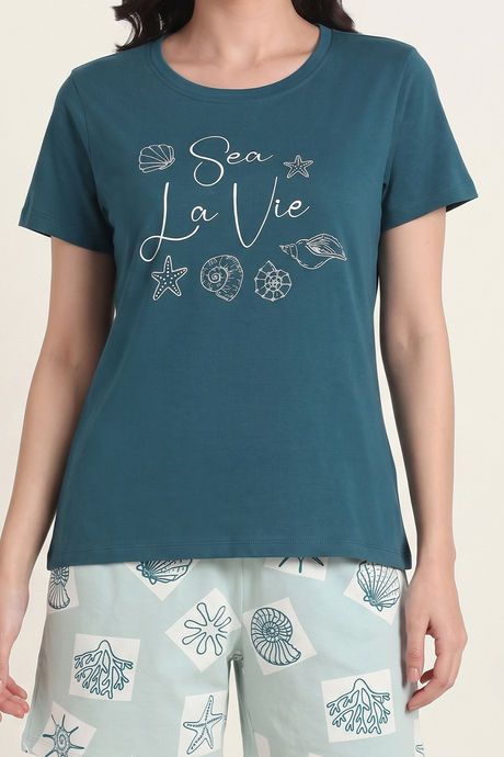 Zivame Shell Print Knit Cotton Short Set - Surf Spray — image 5